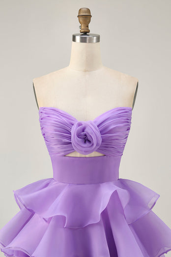 Floral Blue Ruched Strapless Short Homecoming Dress with Ruffles