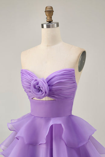 Floral Blue Ruched Strapless Short Homecoming Dress with Ruffles