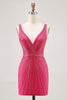Load image into Gallery viewer, Sparkly Fuchsia V-Neck Tight Short Homecoming Dress with Beading