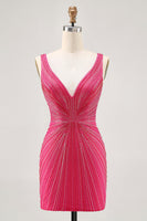 Load image into Gallery viewer, Sparkly Fuchsia V-Neck Tight Short Homecoming Dress with Beading