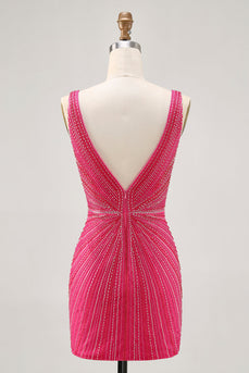 Sparkly Fuchsia V-Neck Tight Short Homecoming Dress with Beading
