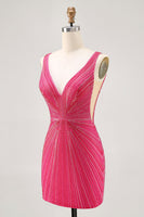 Load image into Gallery viewer, Sparkly Fuchsia V-Neck Tight Short Homecoming Dress with Beading