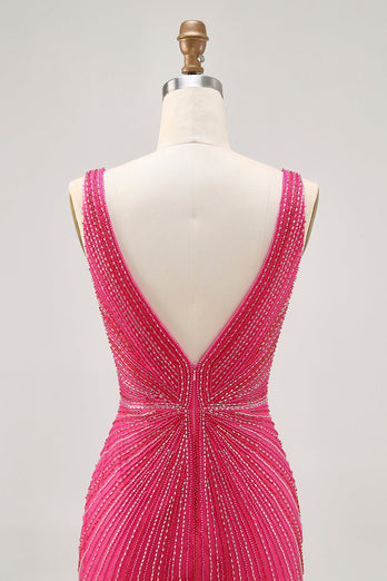 Sparkly Fuchsia V-Neck Tight Short Homecoming Dress with Beading