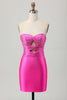 Load image into Gallery viewer, Queendancer Women Sparkly Fuchsia Tight Short Homecoming Dress with Keyholes Beaded Sweetheart Strapless Satin Lace Up Back Cocktail Dress