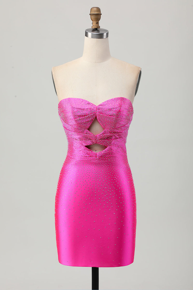 Load image into Gallery viewer, Queendancer Women Sparkly Fuchsia Tight Short Homecoming Dress with Keyholes Beaded Sweetheart Strapless Satin Lace Up Back Cocktail Dress