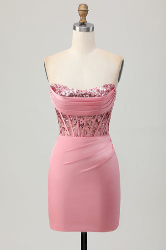 Sparkly Blush Strapless Corset Tight Short Homecoming Dress with Sequins