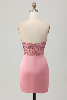 Sparkly Blush Strapless Corset Tight Short Homecoming Dress with Sequins