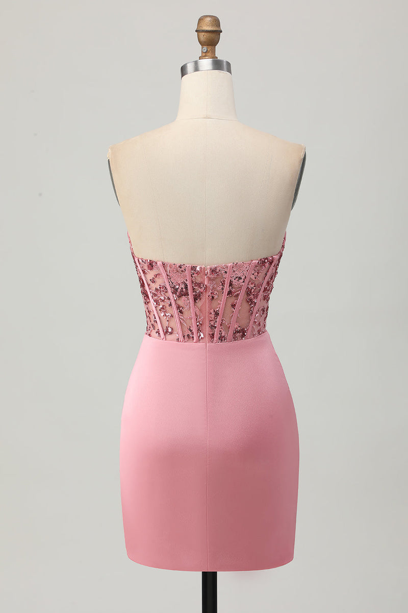 Load image into Gallery viewer, Sparkly Blush Strapless Corset Tight Short Homecoming Dress with Sequins