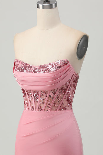 Sparkly Blush Strapless Corset Tight Short Homecoming Dress with Sequins