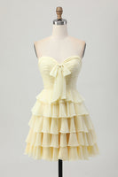 Load image into Gallery viewer, Light Yellow Sweetheart Ruffled Ruched Short Homecoming Dress with Bow