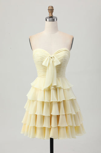 Light Yellow Sweetheart Ruffled Ruched Short Homecoming Dress with Bow