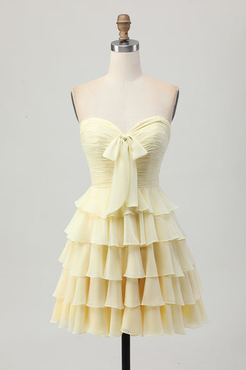 Light Yellow Sweetheart Ruffled Ruched Short Homecoming Dress with Bow