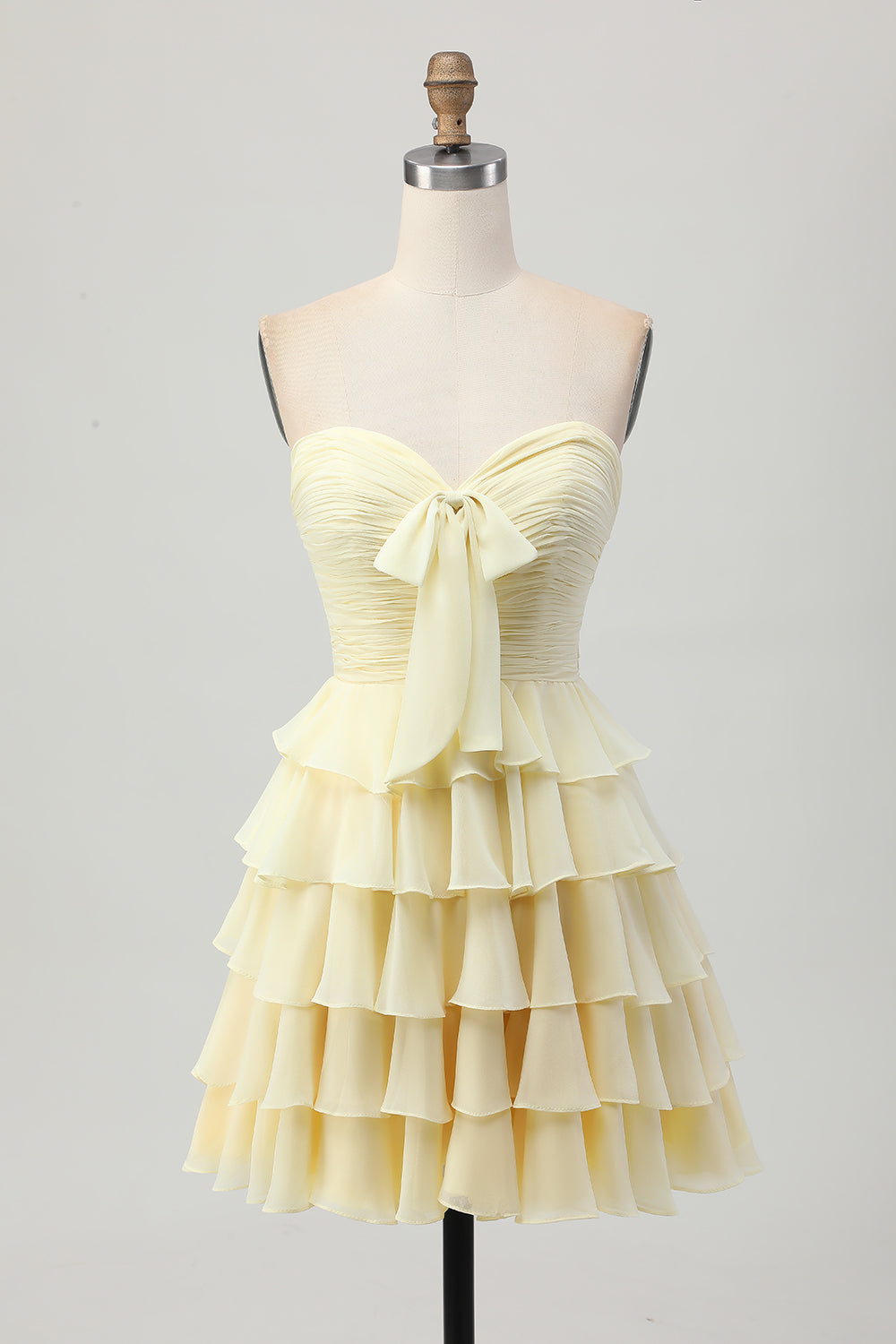 Light Yellow Sweetheart Ruffled Ruched Short Homecoming Dress with Bow
