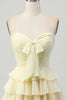 Load image into Gallery viewer, Light Yellow Sweetheart Ruffled Ruched Short Homecoming Dress with Bow