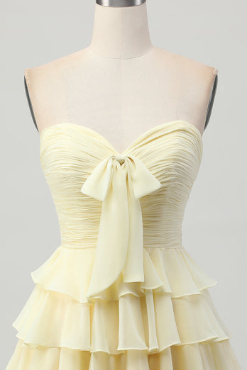 Light Yellow Sweetheart Ruffled Ruched Short Homecoming Dress with Bow