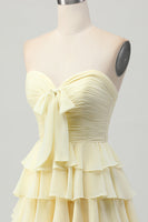 Load image into Gallery viewer, Light Yellow Sweetheart Ruffled Ruched Short Homecoming Dress with Bow