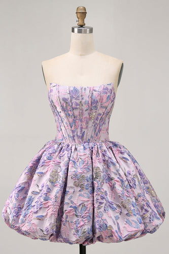 Floral Purple Strapless A Line Short Corset Homecoming Dress