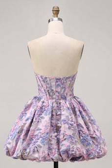 Floral Purple Strapless A Line Short Corset Homecoming Dress