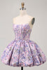 Load image into Gallery viewer, Floral Purple Strapless A Line Short Corset Homecoming Dress
