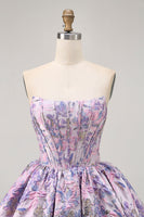 Load image into Gallery viewer, Floral Purple Strapless A Line Short Corset Homecoming Dress