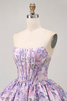 Load image into Gallery viewer, Floral Purple Strapless A Line Short Corset Homecoming Dress