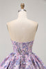 Load image into Gallery viewer, Floral Purple Strapless A Line Short Corset Homecoming Dress