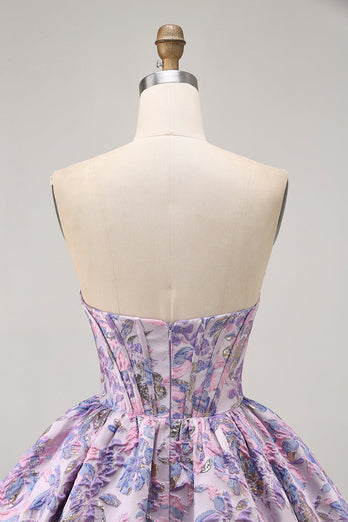 Floral Purple Strapless A Line Short Corset Homecoming Dress
