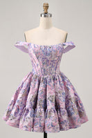 Load image into Gallery viewer, Floral Purple Off the Shoulder Short Corset Homecoming Dress
