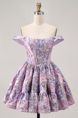 Floral Purple Off the Shoulder Short Corset Homecoming Dress