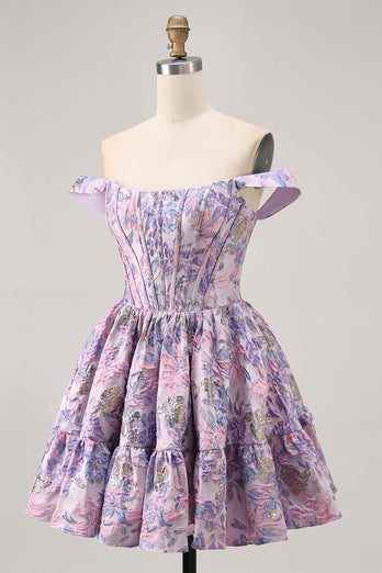 Floral Purple Off the Shoulder Short Corset Homecoming Dress