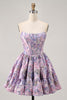 Load image into Gallery viewer, Floral Purple Off the Shoulder Short Corset Homecoming Dress