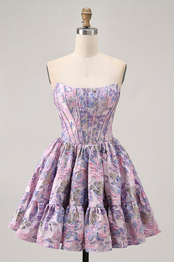 Floral Purple Off the Shoulder Short Corset Homecoming Dress