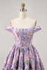 Load image into Gallery viewer, Floral Purple Off the Shoulder Short Corset Homecoming Dress