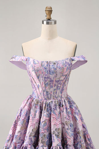 Floral Purple Off the Shoulder Short Corset Homecoming Dress