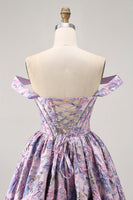 Load image into Gallery viewer, Floral Purple Off the Shoulder Short Corset Homecoming Dress