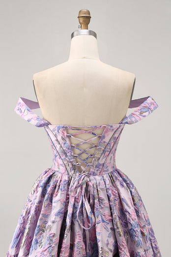 Floral Purple Off the Shoulder Short Corset Homecoming Dress