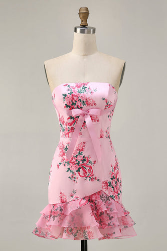 Floral Pink Tight Strapless Short Homecoming Dress with Bow