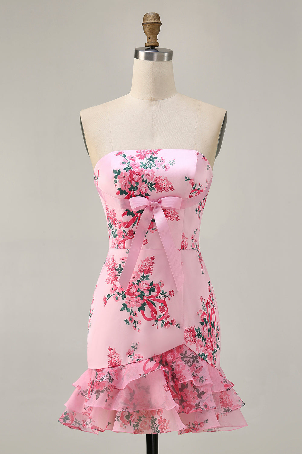 Floral Pink Tight Strapless Short Homecoming Dress with Bow