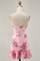 Load image into Gallery viewer, Floral Pink Tight Strapless Short Homecoming Dress with Bow