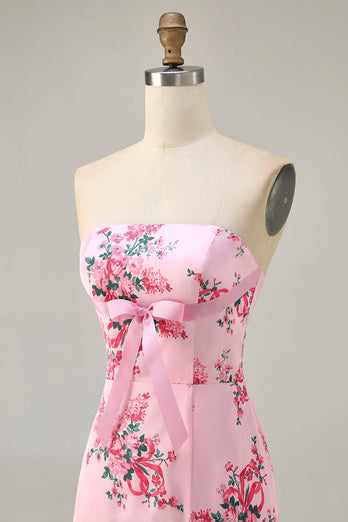 Floral Pink Tight Strapless Short Homecoming Dress with Bow