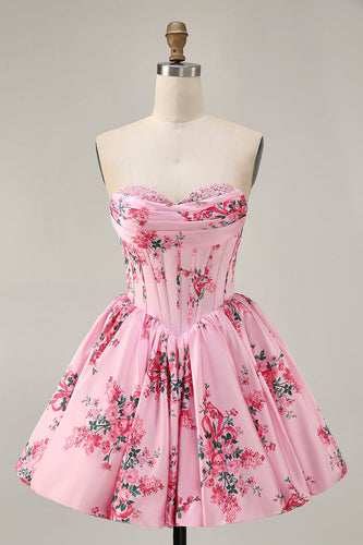 Floral Pink A Line Sweetheart Short Corset Homecoming Dress