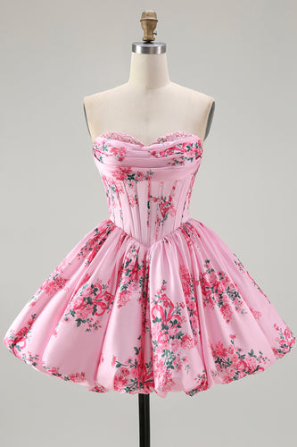 Floral Pink A Line Sweetheart Short Corset Homecoming Dress