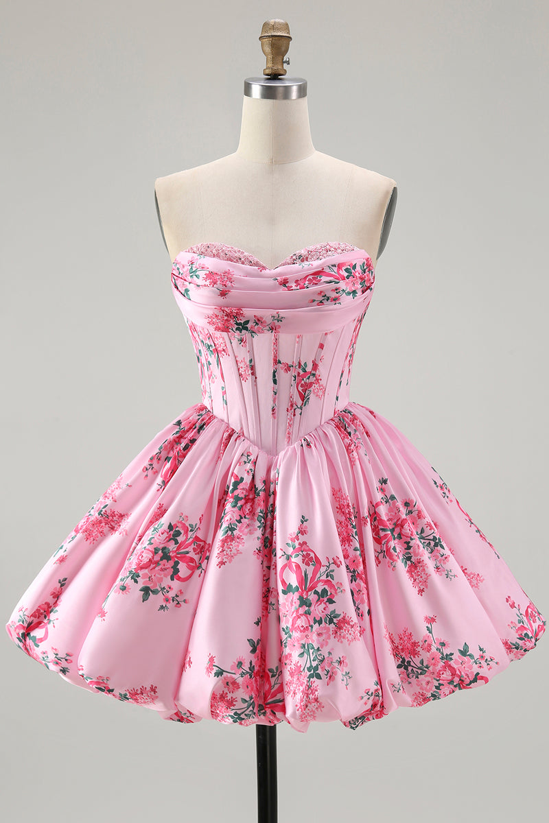 Load image into Gallery viewer, Floral Pink A Line Sweetheart Short Corset Homecoming Dress