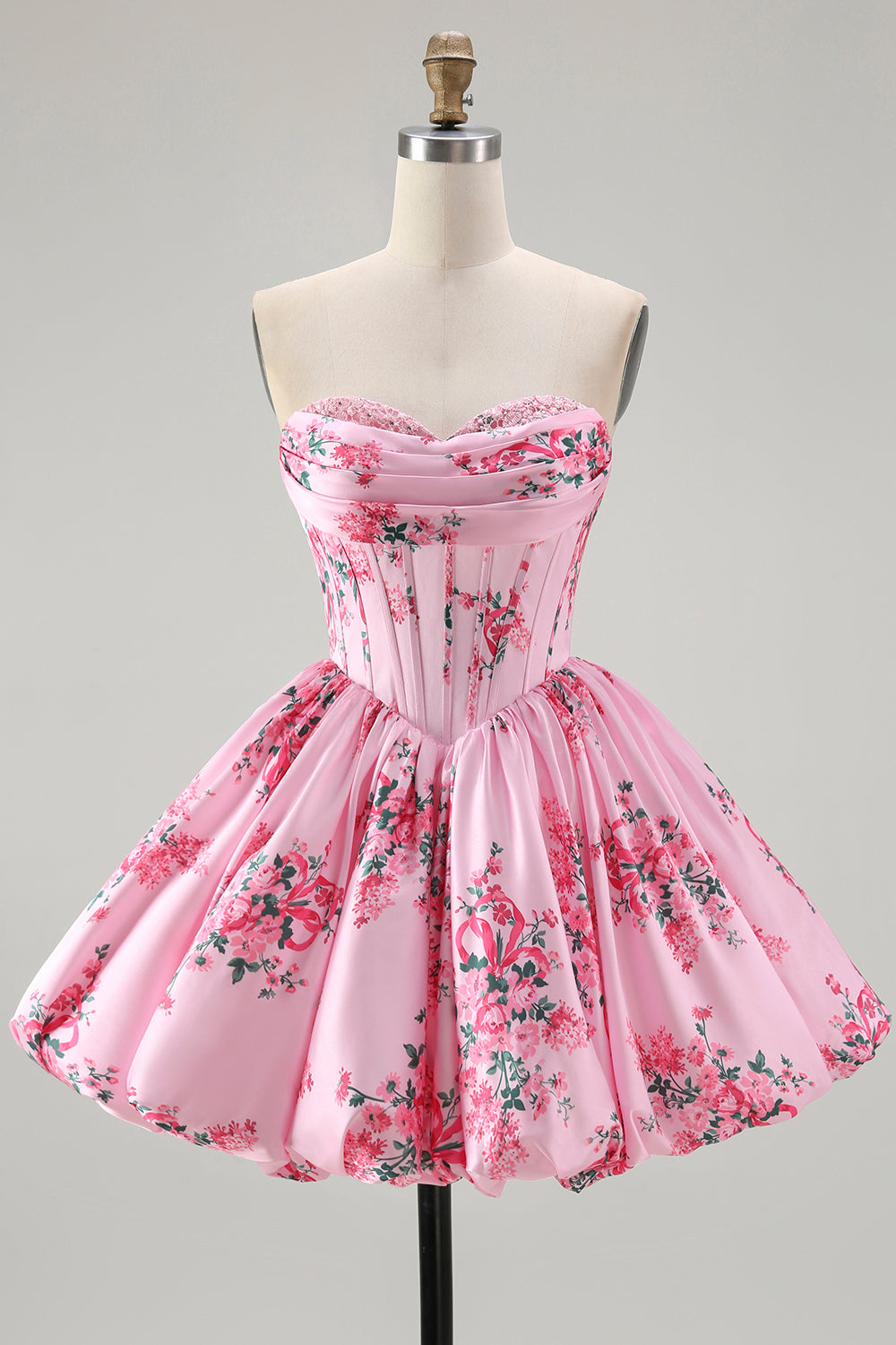 Floral Pink A Line Sweetheart Short Corset Homecoming Dress