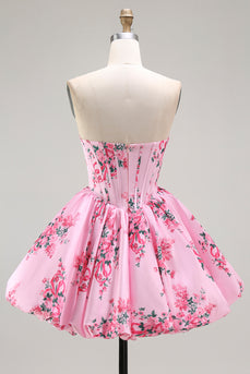 Floral Pink A Line Sweetheart Short Corset Homecoming Dress