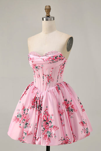 Floral White Blue Sweetheart Short Corset Homecoming Dress