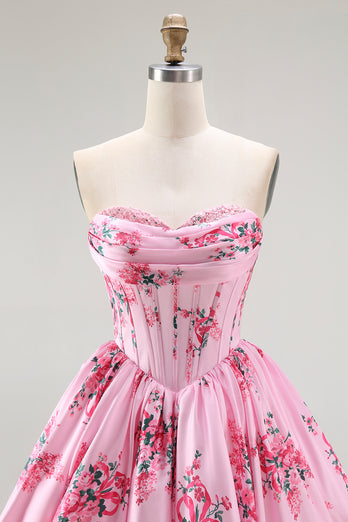Floral Pink A Line Sweetheart Short Corset Homecoming Dress