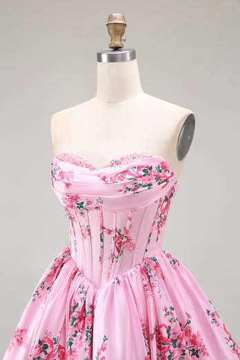 Floral Pink A Line Sweetheart Short Corset Homecoming Dress