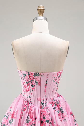 Floral Pink A Line Sweetheart Short Corset Homecoming Dress