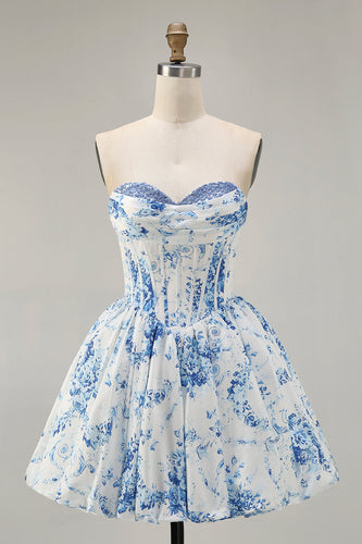 Floral White Blue Sweetheart Short Corset Homecoming Dress